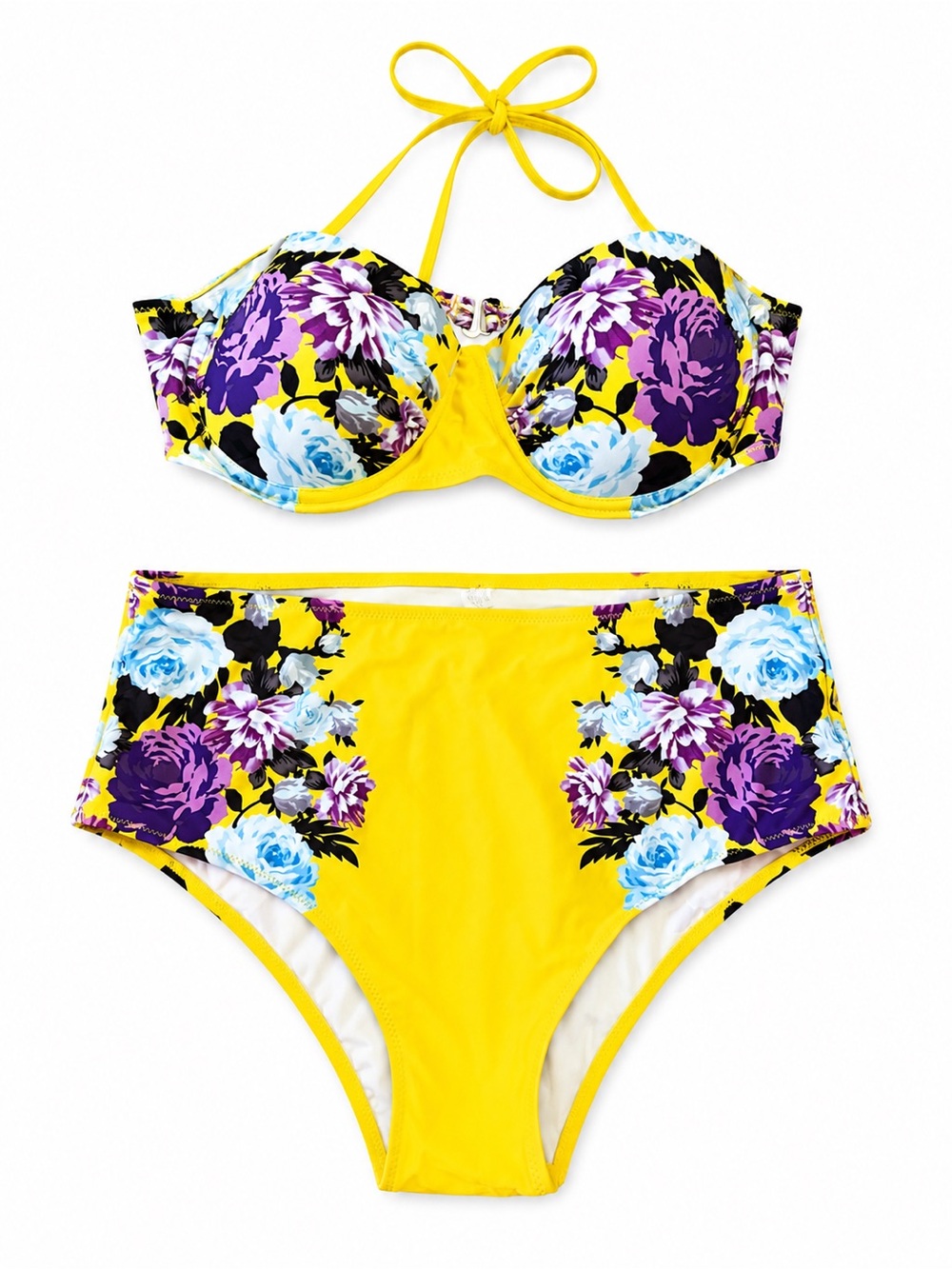 Yellow Floral High-Waist Bikini Set